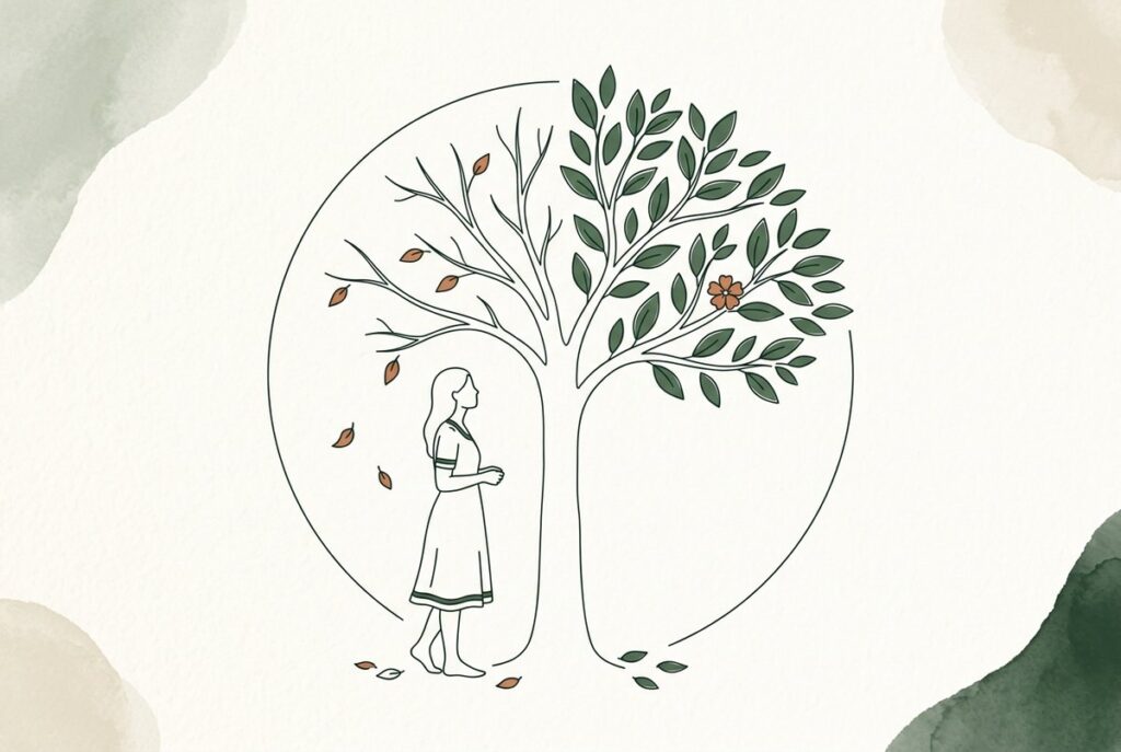איור קווי של עץ שחציו שלכת וחציו עלים חדשים עם דמות אישה עומדת לצידו, ממחיש משבר אמצע החיים אצל נשים