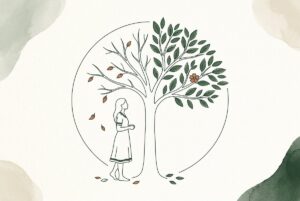 איור קווי של עץ שחציו שלכת וחציו עלים חדשים עם דמות אישה עומדת לצידו, ממחיש משבר אמצע החיים אצל נשים