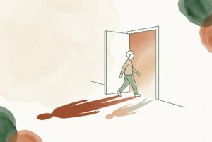 איור קווי של אדם שצועד אל פתח דלת מואר, וצל גדול מאחוריו שהולך וקטן, ממחיש התגברות על פחדים